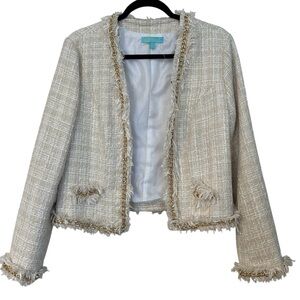 Fresh Twist Blazer Open Front Tweed Gold Chain Accents Cream & Biege Size L